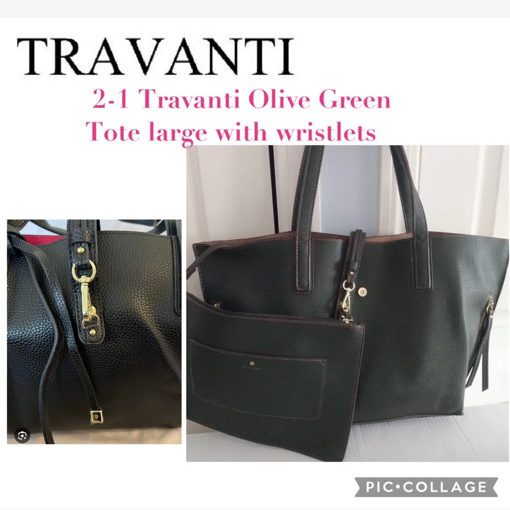2-1 Travanti Pebble Faux Leather Olive Green Tote large with wristlets
